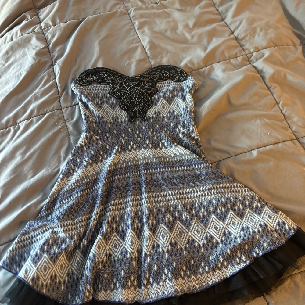 Free People Strapless Mini Dress in Blue and Black small
